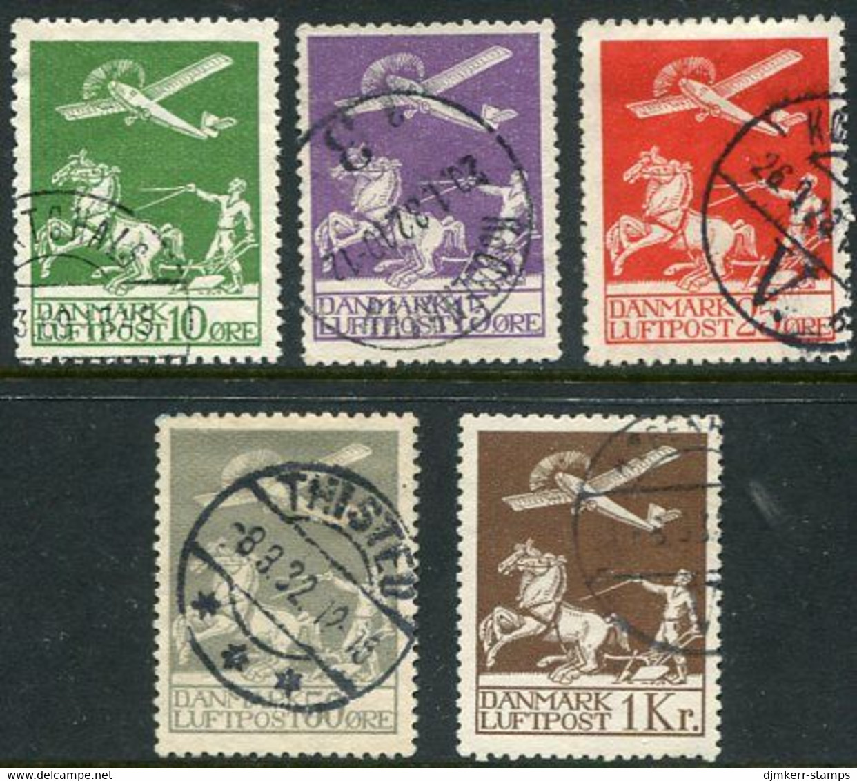 DENMARK 1925-29 Airmail Set Used.  Michel 143-45, 180-81, Facit 213-17. - Luchtpostzegels