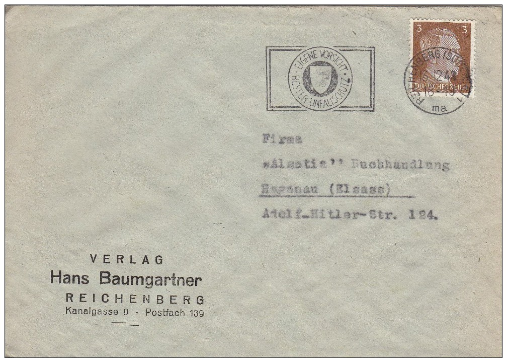 REICHENBERG  (SUDETENL)  - Maschinenstempel - EIGENE VORSICHT BESTER  UNFALLSCHUTZ - 1943 - Brief - - Briefe U. Dokumente