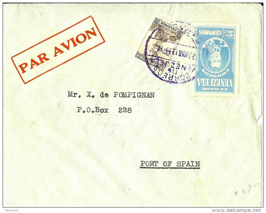 LBL26C - VENEZUELA LETTRE AVION  A DESTINATION DE PORT OF SPAIN MARS 1939 - Venezuela