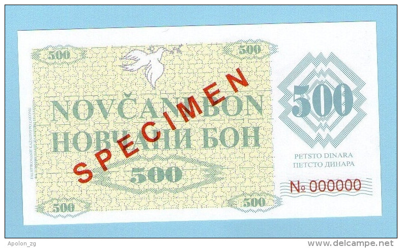 BOSNIA - BOSNIEN UND HERZEGOWINA, 500 Dinara 1992 UNC SPECIMEN No. 000000 FALSE. - Bosnien-Herzegowina