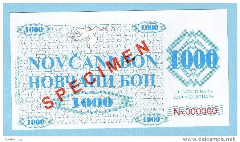 BOSNIA - BOSNIEN UND HERZEGOWINA, 1000 Dinara 1992 UNC SPECIMEN No. 000000. - Bosnien-Herzegowina