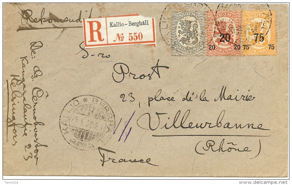 LBL26C - FINLANDE LETTRE RECOMMANDEE KALLIO-BERGHÄLL / VILLEURBANNE JANVIER 1920 - Storia Postale