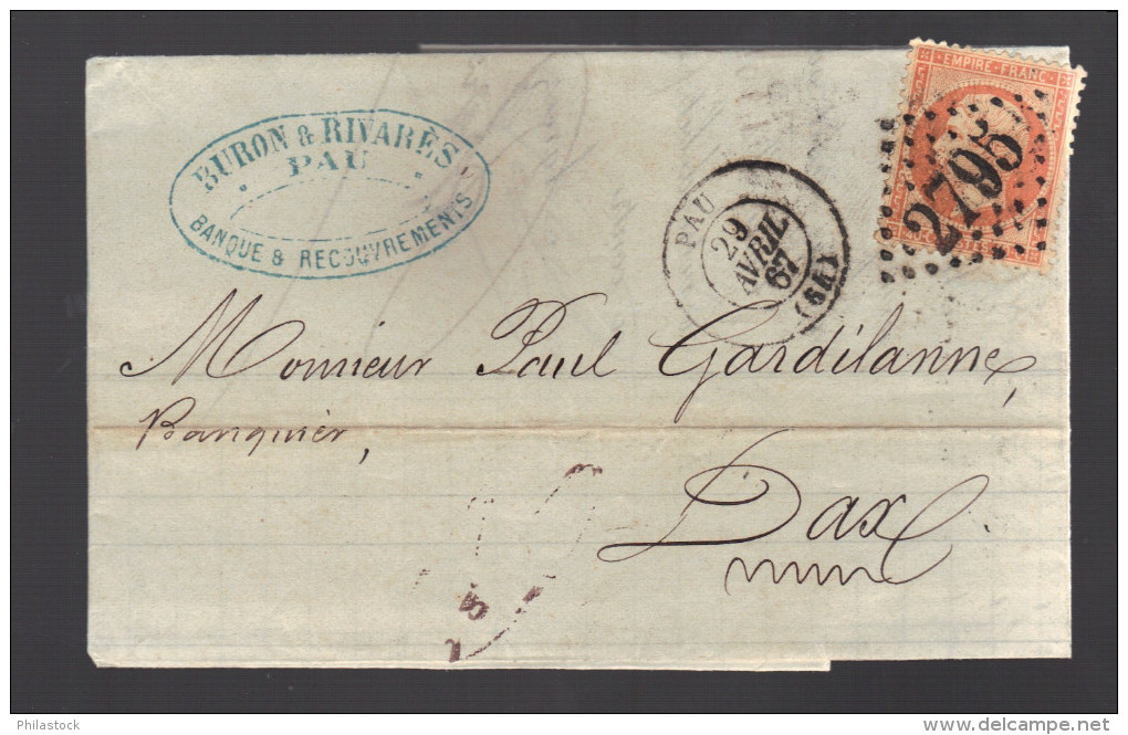 FRANCE N° 23  Obl. S/Lettre Entiére GC 2795 Pau - 1862 Napoleon III