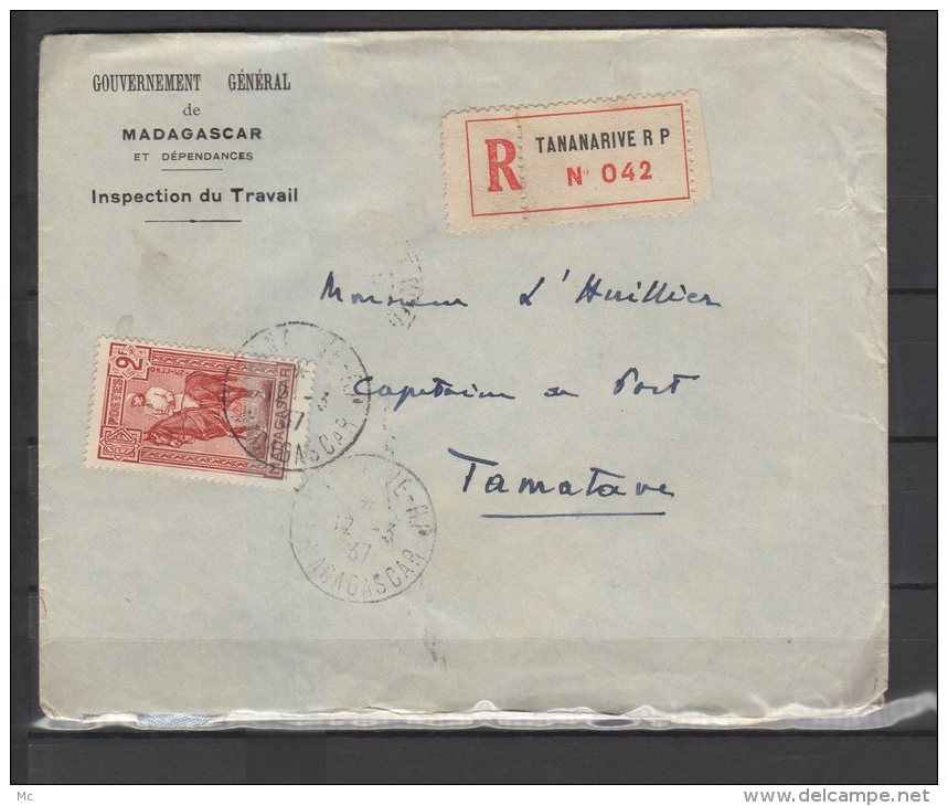 Madagascar - N° 191 Obli.S/Lettre Entière Recommandée - 1937 - Covers & Documents