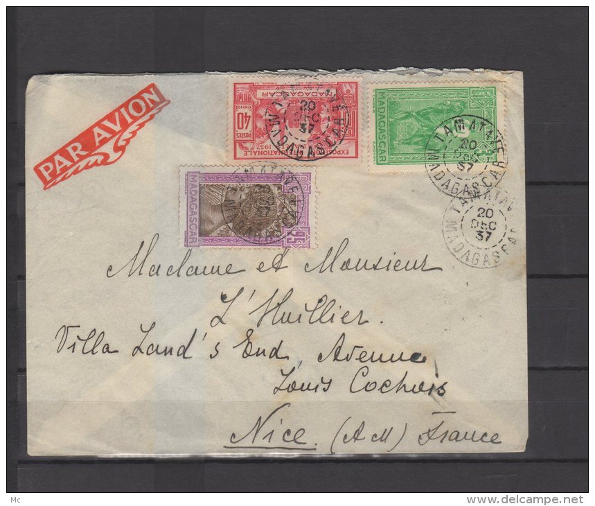 Madagascar - N° 168 - 186 Et 195  Obli.S/Lettre Entière Par Avion Pour Nice - 1937 - Cartas & Documentos