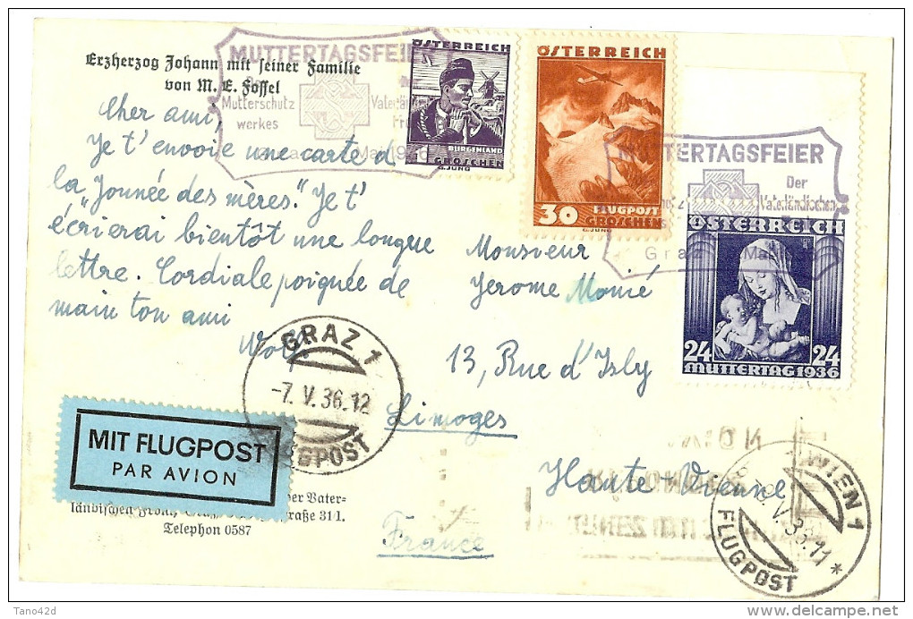 LBL26C - AUTRICHE CPA AU TARIF AVION GRAZ / LIMOGES 7/5/1936 OBL. COMM. JOURNEE DES MERES - Lettres & Documents