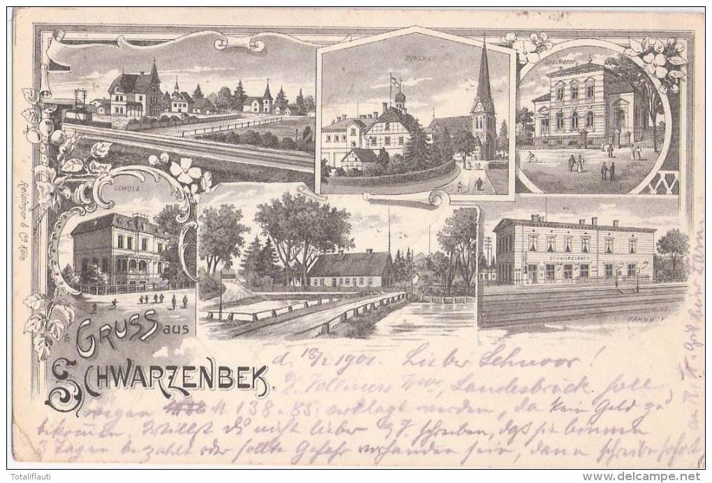 Gruss Aus Schwarzenbek Schwarz Weiss Litho Bahnhof Kirche Schloß Schule Sparkasse 18.7.1901 Gelaufen - Schwarzenbeck