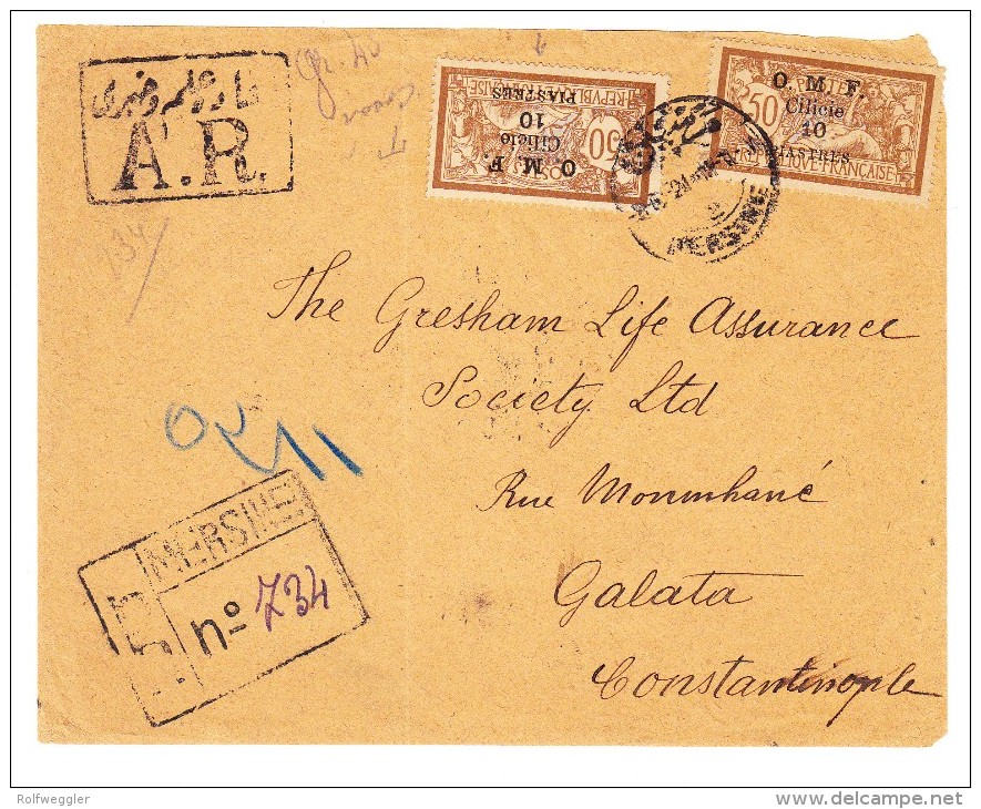 1921 Cilicie Devant De Lettre Avec 2 X Mi#86 AR De Mersine Pour Galata Constantinople - Lettres & Documents