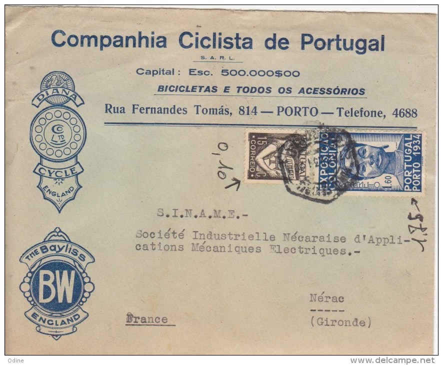 PORTO  -  PORTUGAL  - Lettre Publicitaire Pladues De Cycles  De 1931 Pour  NERAC France  ...superbe - Marcofilia