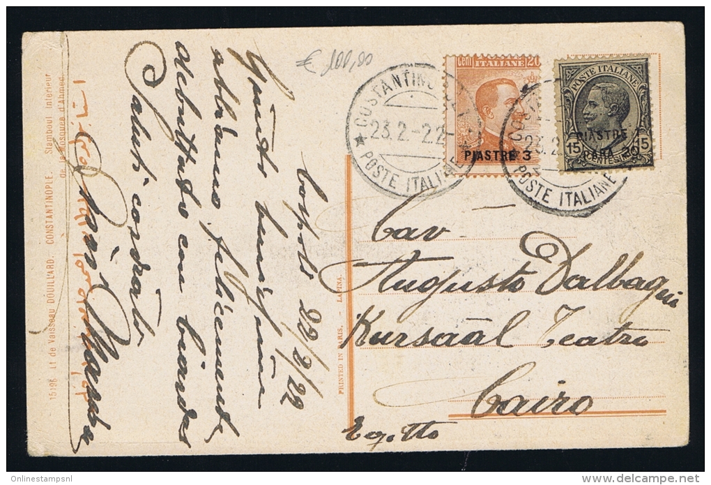 Italy, Levant Card From Constantinopel To Cairo, Egypt, Sa 37 + 42 In Combination, 1922 Innice Cancels - Emissioni Generali