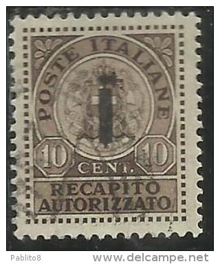 ITALIA REGNO ITALY KINGDOM 1944 REPUBBLICA SOCIALE ITALIANA RSI RECAPITO AUTORIZZATO CENT. 10 TIMBRATO USED - Fiscaux