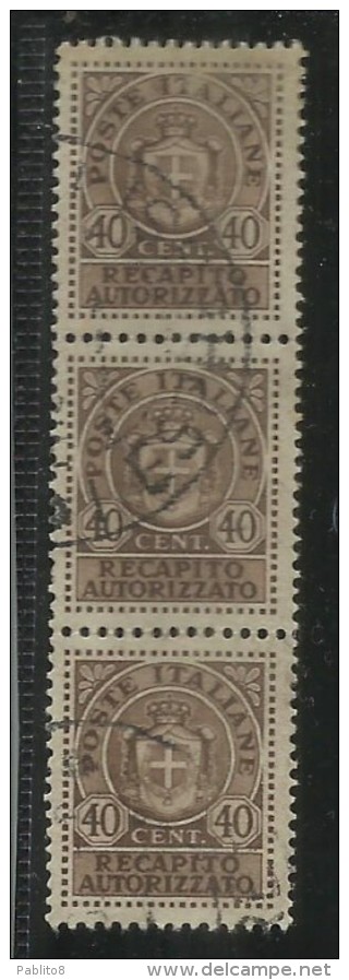 ITALIA REGNO ITALY KINGDOM 1945 LUOGOTENENZA RECAPITO AUTORIZZATO 40 CENTESIMI STRISCIA TIMBRATA STRIP USED - Geautoriseerde Privédienst