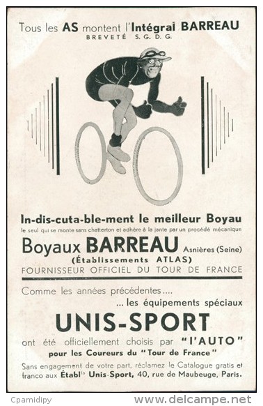 CYCLISME / CAMUSSO - A Unis-Sport En Souvenir Du Tour 1932, Photo Paris-Soir /PUB UNIS-SPORT - Cyclisme