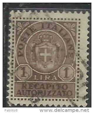 ITALIA REGNO ITALY KINGDOM 1946 LUOGOTENENZA RECAPITO AUTORIZZATO LIRE 1 TIMBRATO USED - Servicio Privado Autorizado