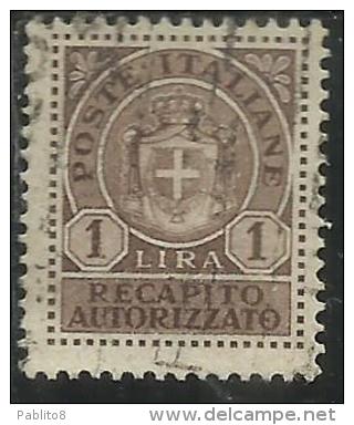 ITALIA REGNO ITALY KINGDOM 1946 LUOGOTENENZA RECAPITO AUTORIZZATO LIRE 1 TIMBRATO USED - Geautoriseerde Privédienst