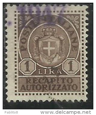 ITALIA REGNO ITALY KINGDOM 1946 LUOGOTENENZA RECAPITO AUTORIZZATO LIRE 1 TIMBRATO USED - Service Privé Autorisé