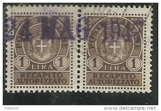 ITALIA REGNO ITALY KINGDOM 1946 LUOGOTENENZA RECAPITO AUTORIZZATO LIRE 1 COPPIA TIMBRATA PAIR USED - Authorized Private Service