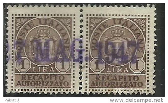 ITALIA REGNO ITALY KINGDOM 1946 LUOGOTENENZA RECAPITO AUTORIZZATO LIRE 1 COPPIA TIMBRATA PAIR USED - Authorized Private Service