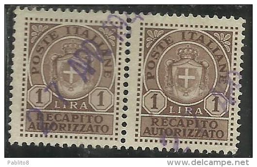 ITALIA REGNO ITALY KINGDOM 1946 LUOGOTENENZA RECAPITO AUTORIZZATO LIRE 1 COPPIA TIMBRATA PAIR USED - Authorized Private Service