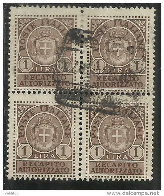 ITALIA REGNO ITALY KINGDOM 1946 LUOGOTENENZA RECAPITO AUTORIZZATO LIRE 1 LIRA QUARTINA USATA BLOCK USED OBLITERE' - Autorisierter Privatdienst