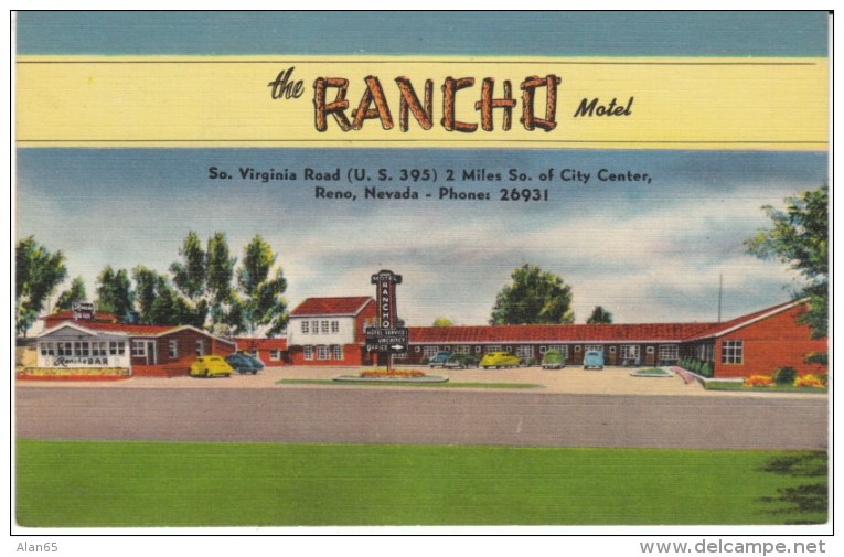 Reno Nevada, Rancho Motel, Lodging, C1940s Vintage Linen Postcard - Reno