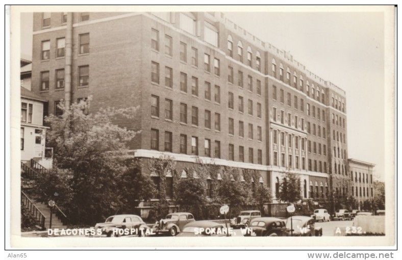 Spokane Washington, Deaconess Hospital, Autos, C1940s Vintage Real Photo Postcard - Spokane