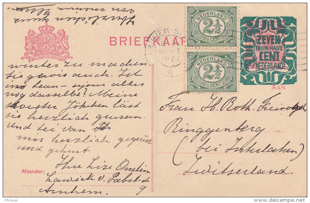 NEDERLAND : Entier Postal Avec Affranchissement Complémentaire, Oblitéré ARNHEM Le 16 Oct 1922, à Dest. De Interlaken - Postal Stationery