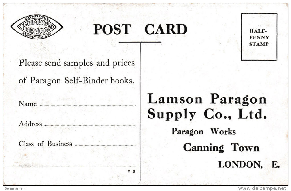 LAMSON PARAGON SUPPLY CO LTD, CANNING TOWN. ADVERT CARD - Advertising