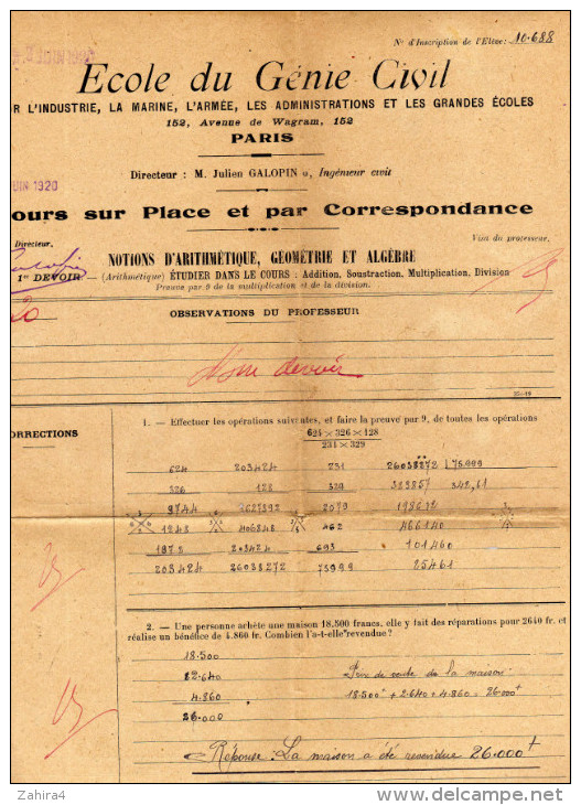 Ecole Du Génie Civil Industrie, Marine, Armée, Administration Grand écoles Paris-cours Par Correspondance-devoir  20/20 - Diploma's En Schoolrapporten