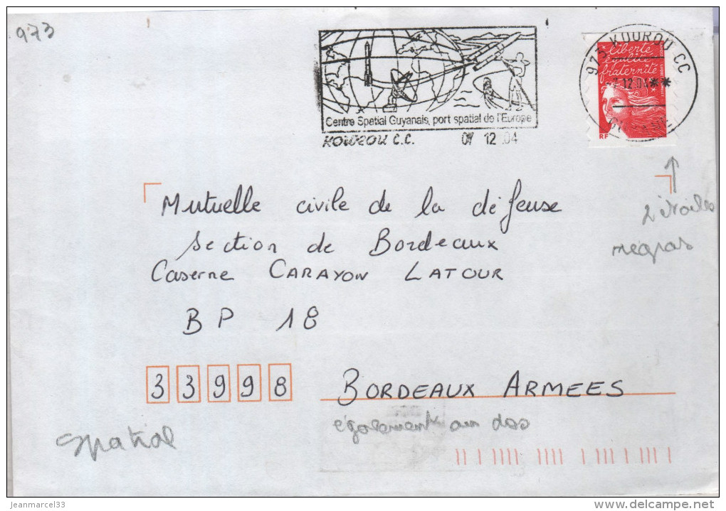 Lettre 973 Kourou C.C. -7.12.04 ** Flamme =o "Centre Spatial Guyanais,port Spatial De L'Europe" - Cartas & Documentos