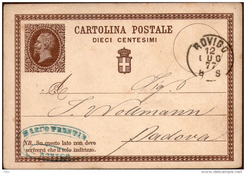 Italy,C 1,10 C.Vitt. Em II,Rovigo:12.07.1877,sent To Padova,as Scan - Entiers Postaux