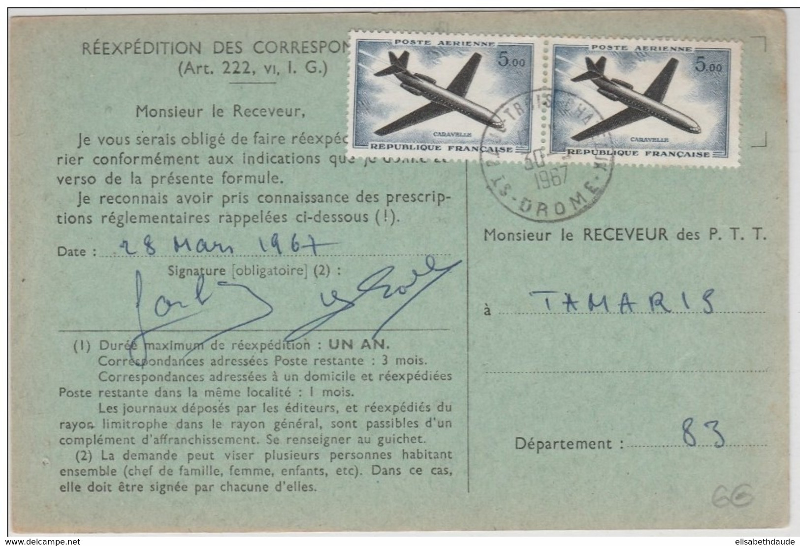 1967 - POSTE AERIENNE Sur ORDRE De REEXPEDITION De ST PAUL 3 CHATEAUX (DROME) - 1960-.... Briefe & Dokumente