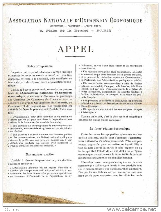 ASSOCIATION NATIONALE DE L'EXPANSION ECONOMIQUE 1916 APPEL AUX DONS BULLETIN D'ADHESION DETACHABLE - Documents