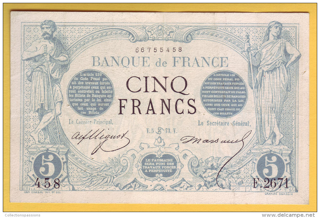 BILLET FRANCAIS - 5 Francs Noir 5.6.1873 TTB+ - 5 F 1871-1874 ''Noir''