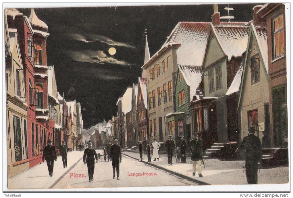PLÖN Ploen Lange Strasse Mondscheinkarte Winter Schnee Color Belebt Ungelaufen - Ploen