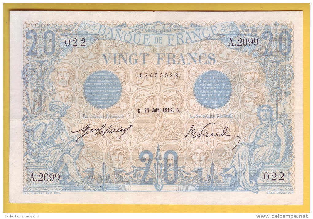 BILLET FRANCAIS - 20 Francs Bleu 27.6.1912 SUP+ - 20 F 1905-1913 ''Bleu''