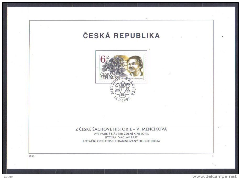 Czech Mi 102  FIRST DAY SHEET  Vera Mencikova , First  Chess  World Woman Champion  1996 - Schach