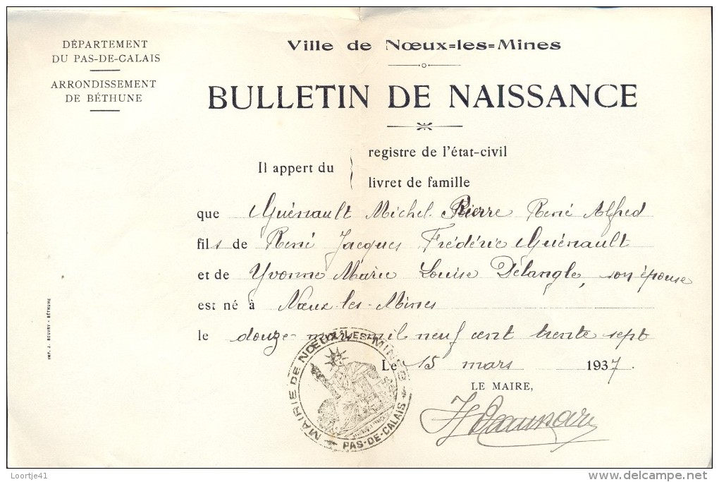 Acte De Naissance De Guénault Michel - Noeux - Les - Mines 1937 - Nacimiento & Bautizo