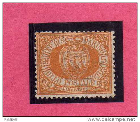 SAN MARINO 1877 - 1890 STEMMA COAT OF ARMS ARMOIRIES CENT. 5  MNH DISCRETA CENTRATURA - Neufs