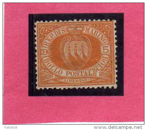 SAN MARINO 1877 - 1890 STEMMA COAT OF ARMS CENT. 5  MNH OTTIMA CENTRATURA SIGNED SIGLATO - Neufs