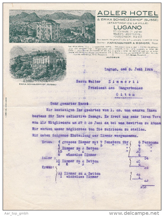 SV TI LUGANO 1926-6-5 ADLER & ERIKA SCHWEIZERHOF Hotel - Switzerland