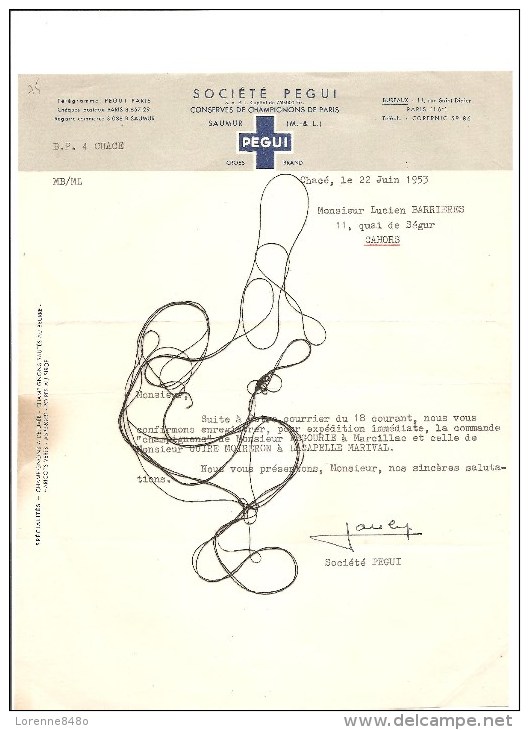 COURRIER 1953  " Société PEGUI" Conserves De Champignons De Paris   à SAUMUR Pour Mr Lucien BARRIERES à CAHORS - 1900 – 1949