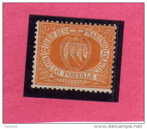 SAN MARINO 1877 - 1890 STEMMA COAT OF ARMS ARMOIRIES CENT. 5  MNH DISCRETA CENTRATURA - Neufs