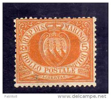 SAN MARINO 1877 - 1890 STEMMA COAT OF ARMS ARMOIRIES CENT. 5  MNH DISCRETA CENTRATURA - Neufs