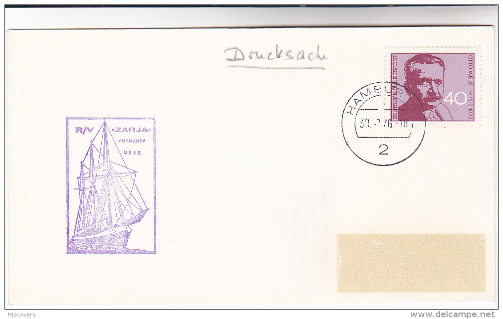 1976 TALL SHIPS COVER SAILING SHIP ´  RV ZARJA ´ In HAMBURG  GERMANY Otto Wels Stamps - Ships