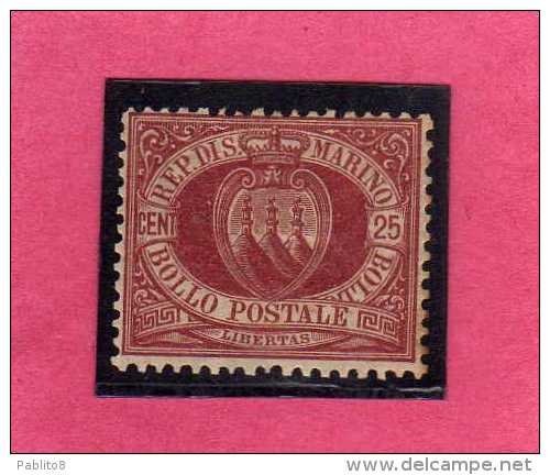 SAN MARINO 1877 - 1890 STEMMA COAT OF ARMS ARMOIRIES CENT.25 MH DISCRETA CENTRATURA - Neufs