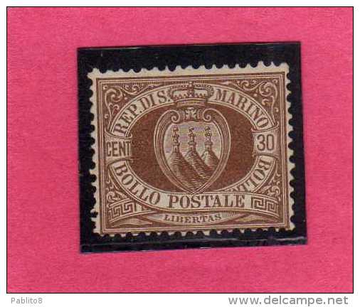 SAN MARINO 1877 - 1890 STEMMA COAT OF ARMS ARMOIRIES CENT.30 MNH DISCRETA CENTRATURA SIGNED FIRMATO - Unused Stamps