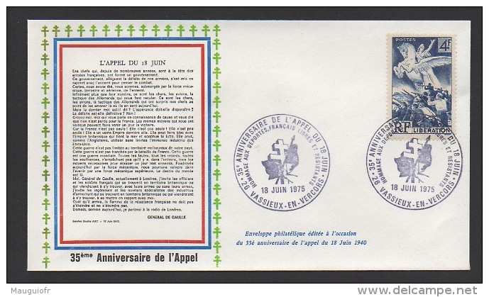 DF / GUERRE 1939-45 / 35e ANNIV. DE L' APPEL / 26 VASSIEUX EN VERCORS / HOMMAGE AUX FRANÇAIS LIBRE ET .../ TP 669 - Militaria