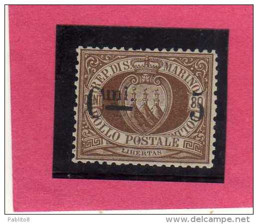 SAN MARINO 1892 STEMMA SOPRASTAMPATO COAT OF ARMS SURCHARGED ARMOIRIES MNH C.5 SU 30 OTTIMA CENTRATURA FIRMATO MNH - Neufs