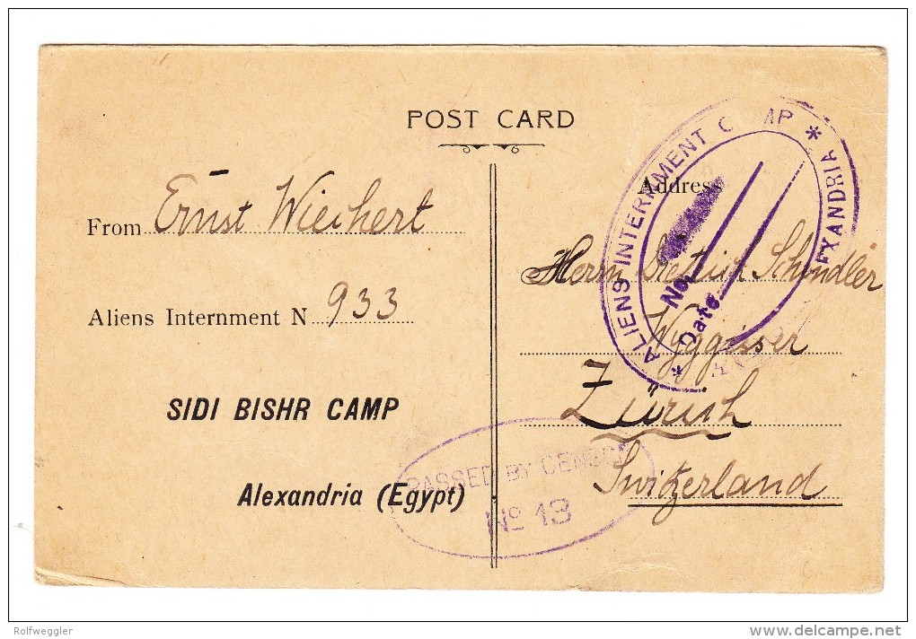 Deutsche Kriegsgefangenenpost 1917 Sidi Bischr Camp Alexandria Egypt Nach Zürich Mit Zensur St. - 1915-1921 British Protectorate